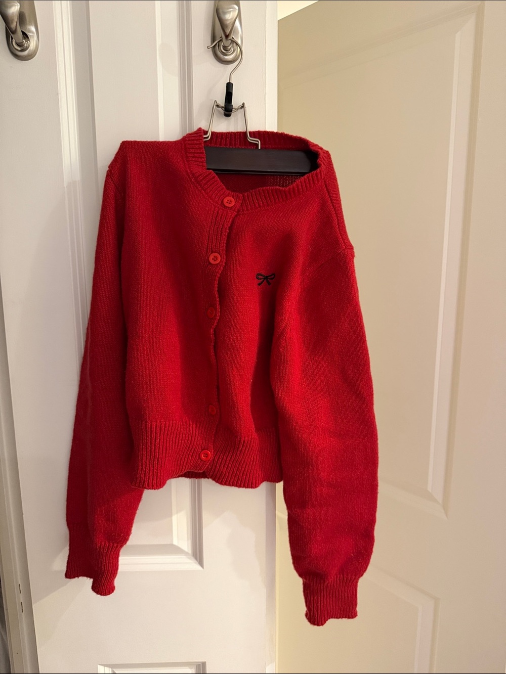 Women's Red Knit Button Cardigan Sweater with Bow Detail